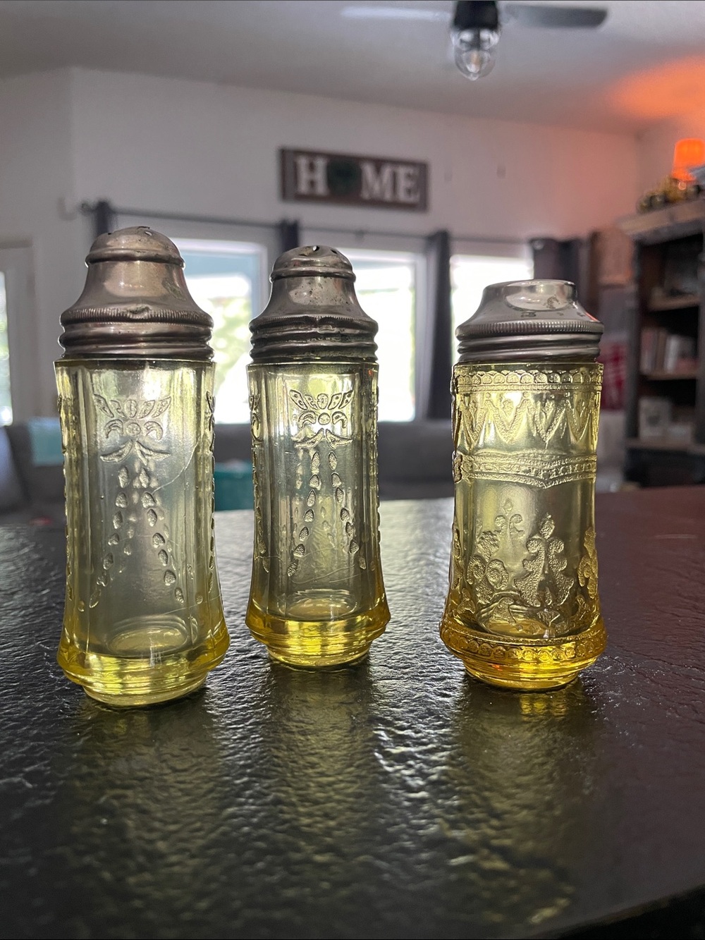 Vintage Federal Yellow Embossed Glass Salt and Pepper Shakers- Madrid & Patricia